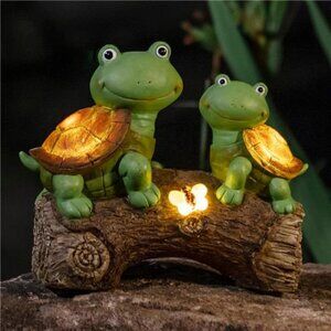Garden Statue Turtles Figurine-Cute Frog Face Turtles Resin Statue Solar Lights
